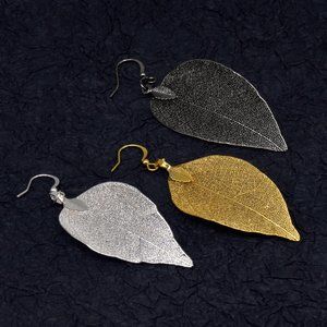 Leaf Skeleton Dangle Earrings Leave Drop Gold Silver Plated Hook Earrings
